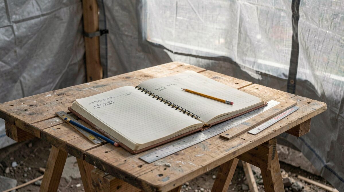 Un registre de chantier ouvert sur une planche à tréteau, crayon et règles posés à côté, lumière naturelle d'un matin gris entrant par la bâche du chantier.