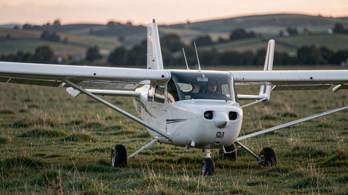 Un planeur blanc immobile au bord d'une piste en herbe, lumière rasante du soir, cadrage serré sur la verrière et les ailes, collines britanniques floues en arrière-plan.