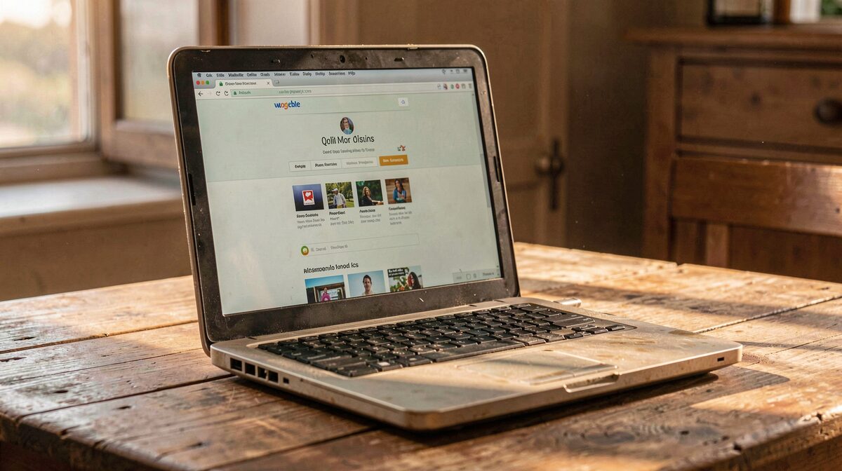 Un vieil ordinateur portable allumé sur une table en bois, écran affichant une page personnelle simple, lumière chaude de fin d'après-midi, cadrage de trois quarts.