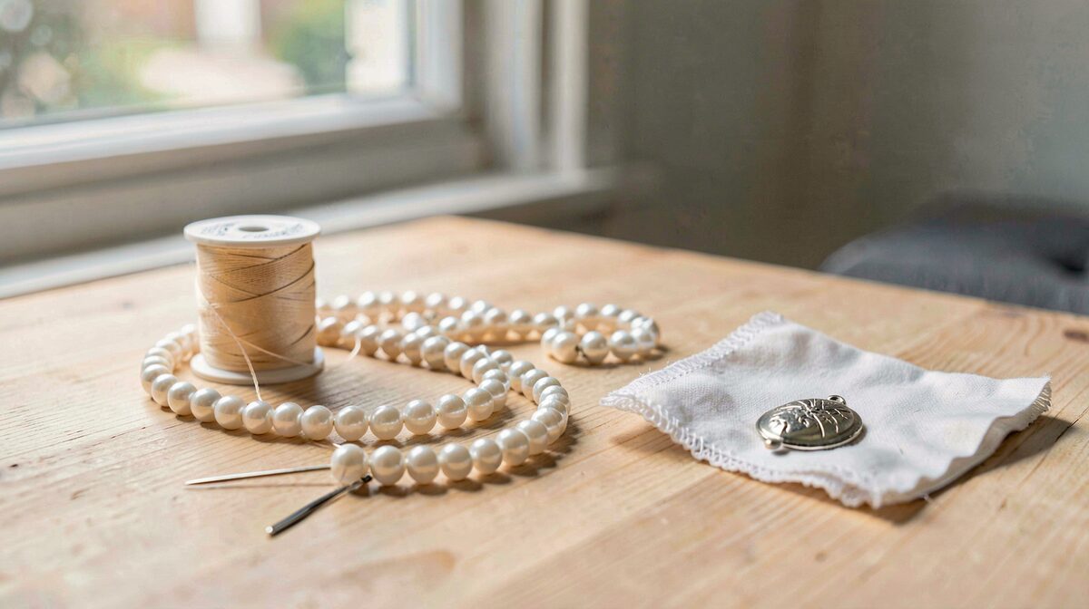 Sur une table en bois clair près d'une fenêtre, un collier de perles d'eau douce à moitié enfilé, un écheveau de fil de soie, une aiguille fine, un fermoir en argent posé sur un carré de tissu blanc, lumière douce de fin de matinée, cadrage serré à hauteur de table.