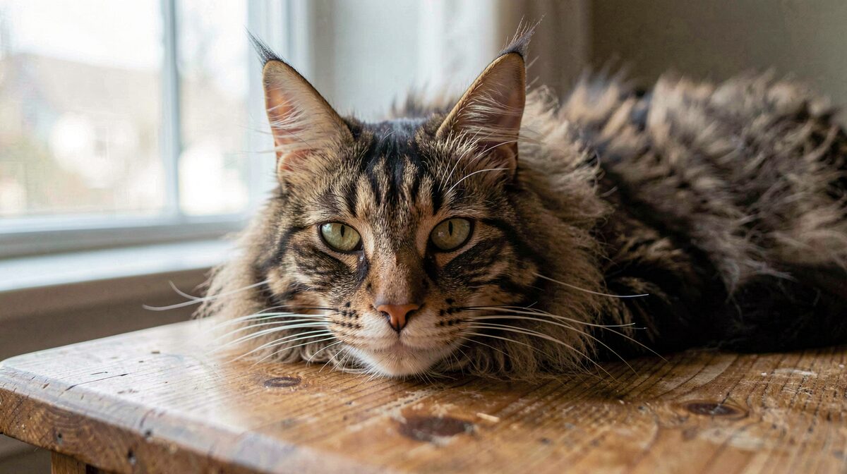 Un chat Maine Coon posé sur une table en bois près d'une fenêtre, lumière naturelle latérale, cadrage rapproché sur la tête et le museau carré.