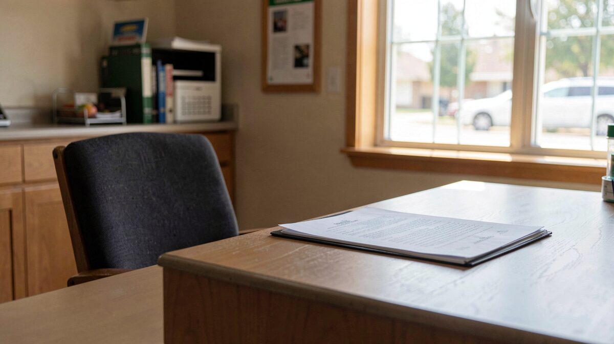 Comptoir d'accueil d'un centre communautaire, chaise vide, dossier posé, lumière du matin par une fenêtre, cadrage horizontal à hauteur d'assise.